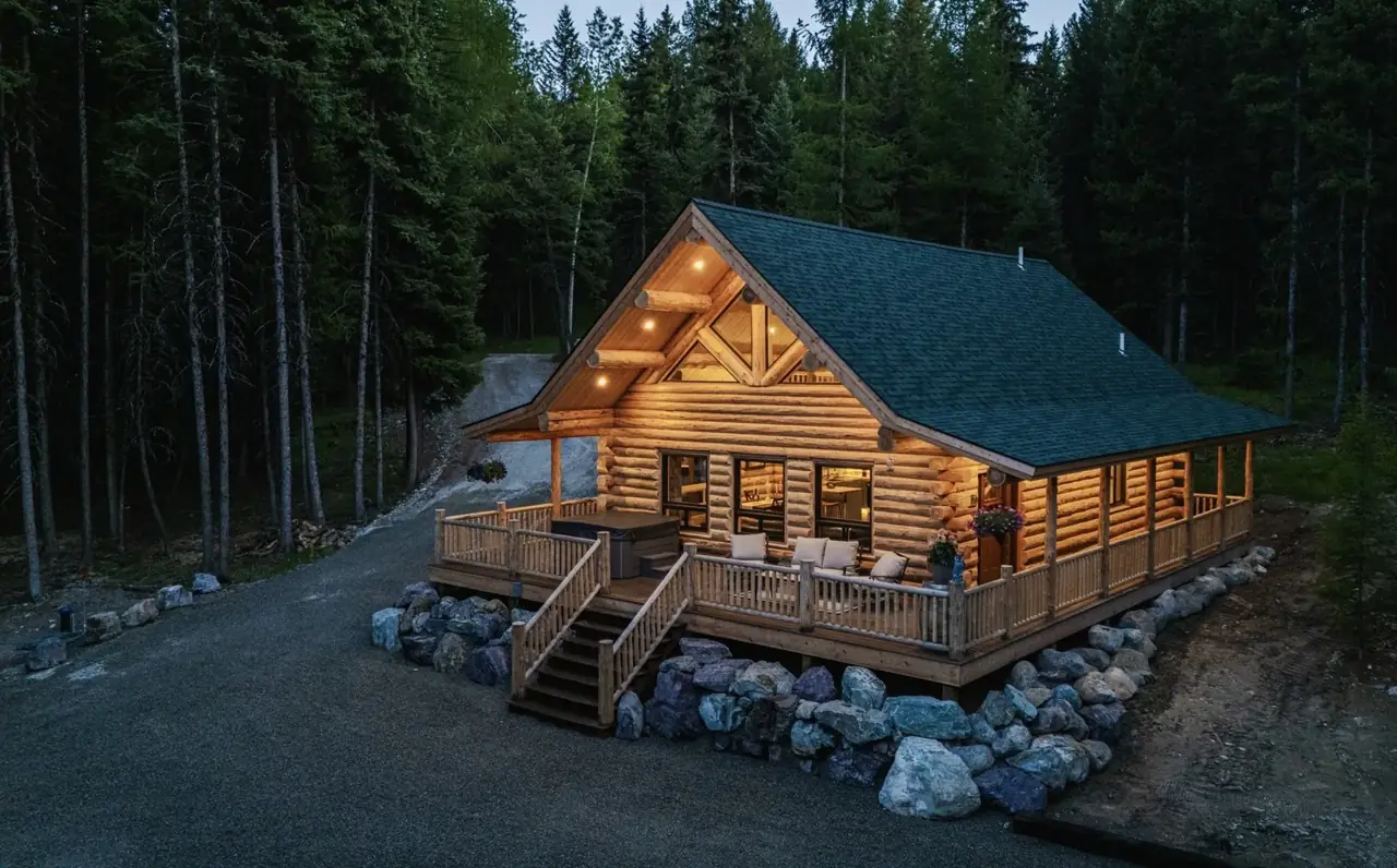 Stonebrook exterior at dusk with wraparound deck, Meadowlark Log Homes