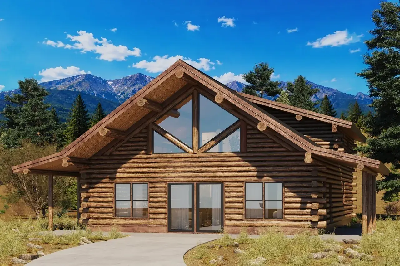 Whiskey Timber exterior with gable windows and mountain backdrop, Meadowlark Log Homes