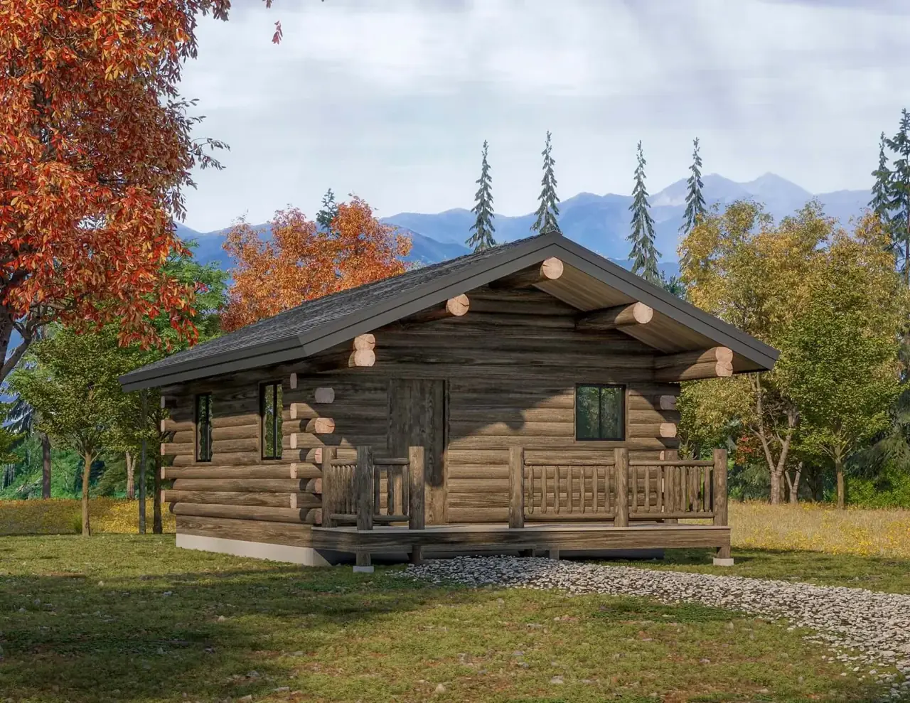 Glacier Cabin Kit exterior rendering with autumn trees and mountains, Meadowlark Log Homes