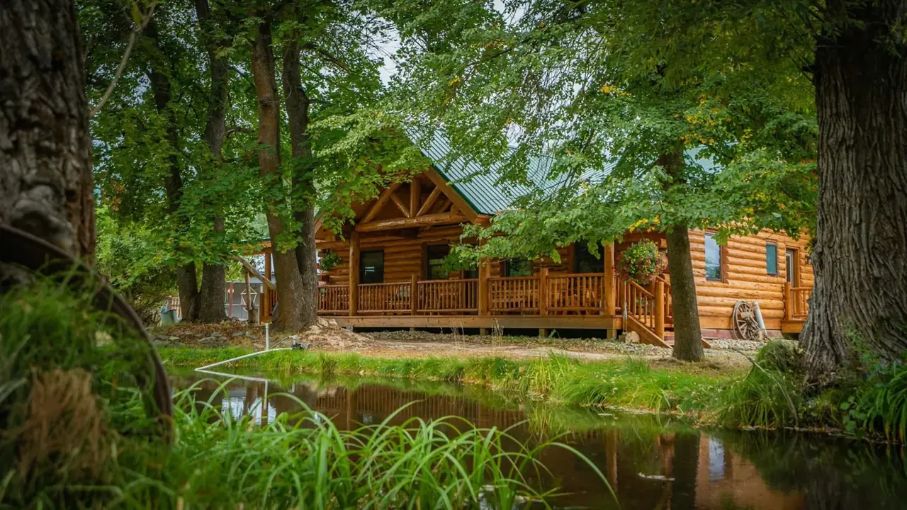 Montana Rancher exterior among trees beside a pond, Meadowlark Log Homes